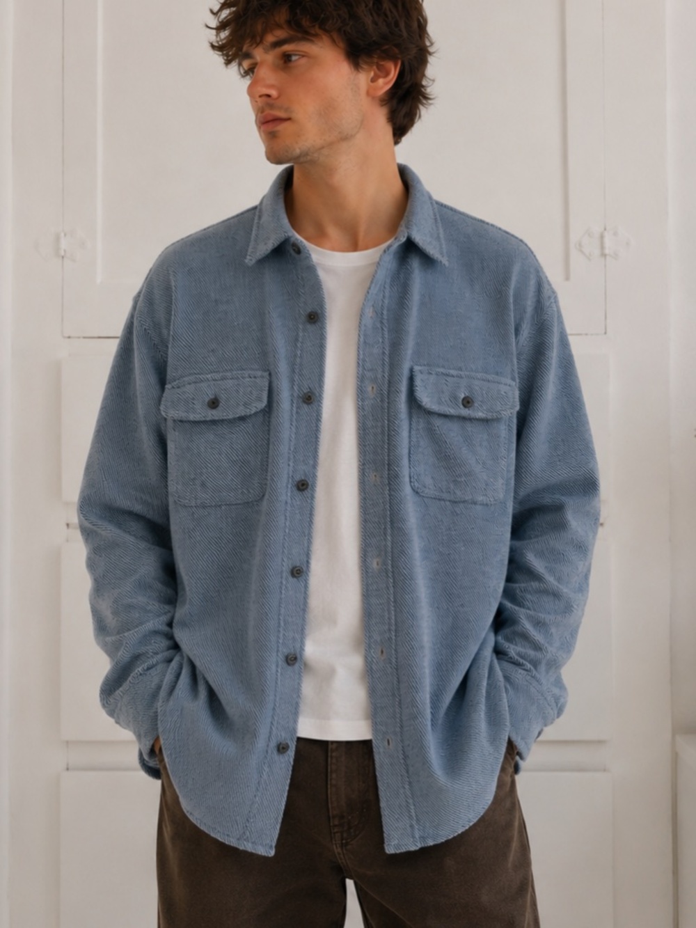 Faherty Blue Herringbone Button Front Shirt Jacket XL